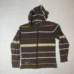 Fox Racing Mens Small Brown Striped Full Zip Hoodie Cotton Motocross Y2K Skate